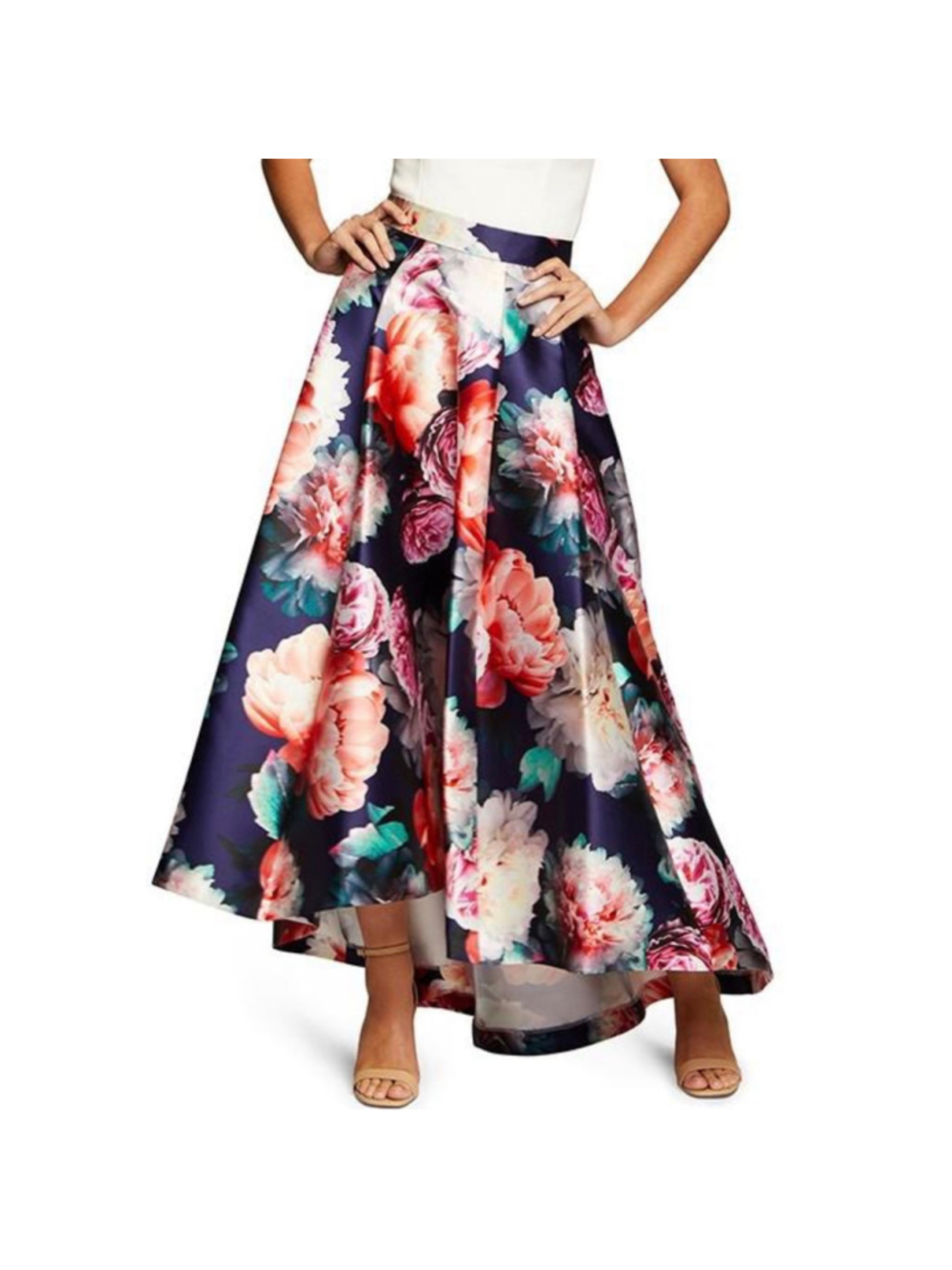 Eliza J High-Low A-Line Pleated Skirt Women’s Size 10 Blue Pink Floral Pockets